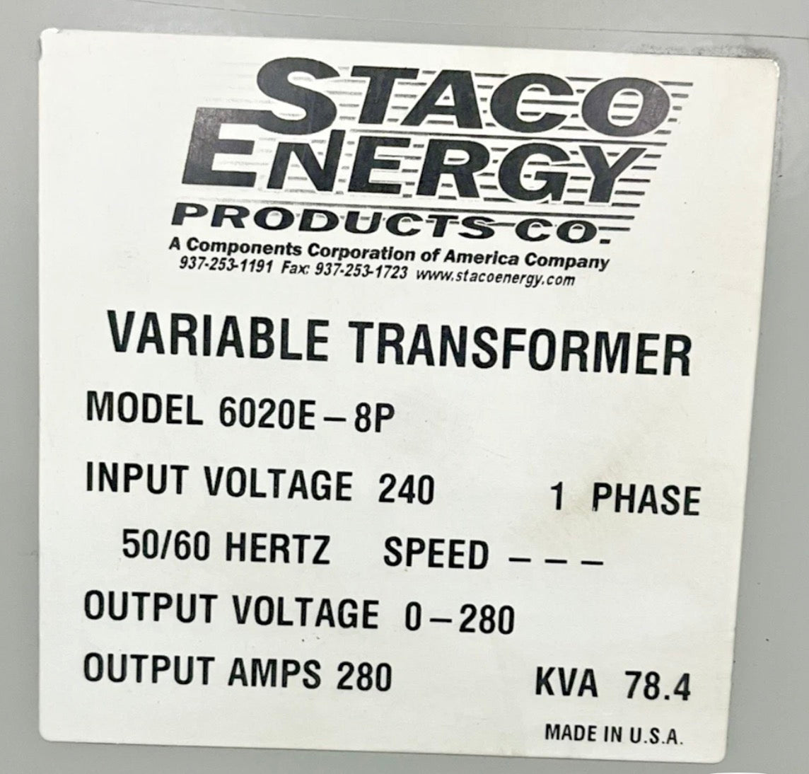 Staco Energy Products – Model 6020E‑8P Variable Transformer