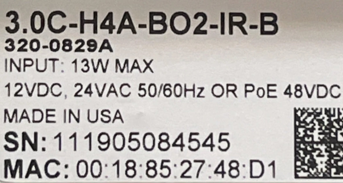 Avigilon Camera 3.0C-H4A-BO2-IR-B P/N 320-0829A